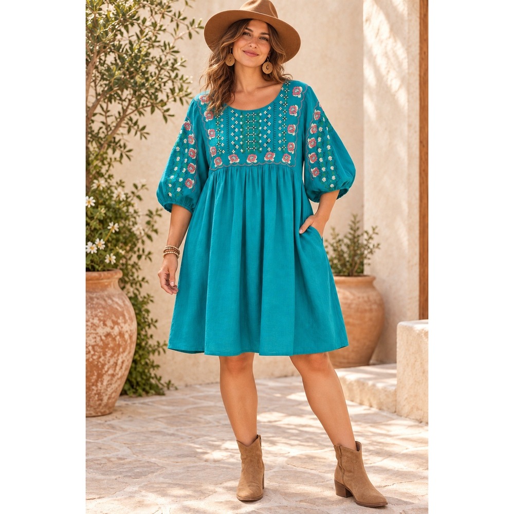 Umgee Tunic Dress Floral Embroidered Babydoll Teal Womens L Boho Cottagecore